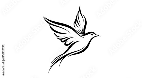 A graceful vector illustration of a flying white dove of peace silhouette with extended wings symbolizing freedom, nature, and love in a clean artistic sign design