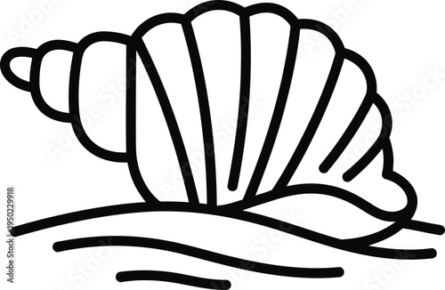 A minimalist black and white line art illustration featuring a single spiraled ocean seashell icon