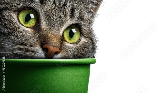 Curious cat swatting green cup isolated animal photography playful scene