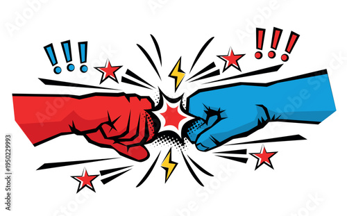 Red against blue clenched fists fighting. Fist bump, fight without rules comic picture. Concept of conflict, confrontation, resistance, competition, struggle, elections. Vector on transparent backgrou