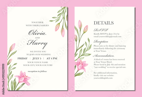 Elegant Pink Lily Watercolor Floral Wedding Invitation Template
