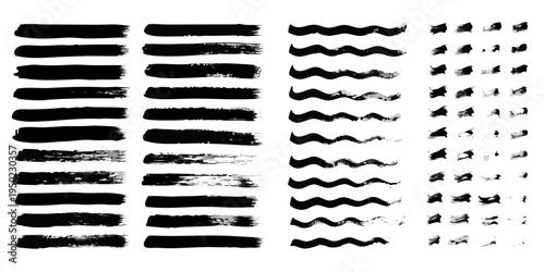 Collection of diverse black brush strokes and textured paint splatters