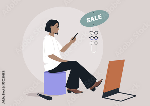 Excitement fills the air as a person tries on stylish shoes at a trendy boutique fitting room