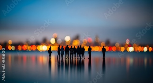 Silhouettes of people standing on a reflective surface at dusk with a blurred cityscape background