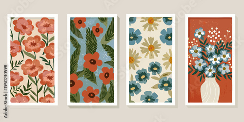 Four framed botanical art prints featuring colorful stylized floral arrangements
