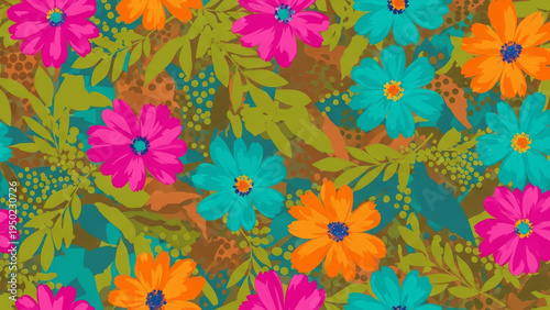 Retro Vibrant Floral Pattern Seamless Vector Art with Colorful Vintage Flowers and Leaves, Bold Botanical Repeat Background for Fabric