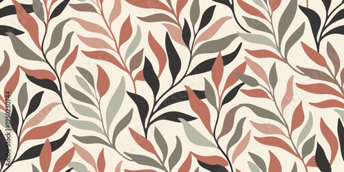 Stylized botanical pattern featuring overlapping leaves in muted earth tones