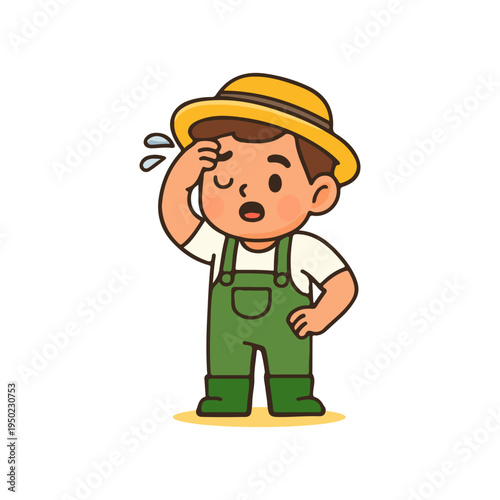 Cute farmer chibi cartoon tired and sweating flat illustration. Agriculture boy gardener exhausted with hand on forehead cartoon.