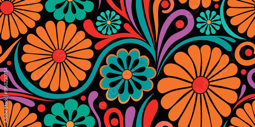 Vibrant floral pattern with stylized flowers and swirling decorative elements
