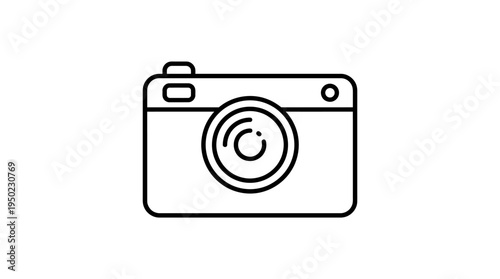Minimalist black-and-white camera icon with lens, flash, and viewfinder, symbolizing photography and media content.