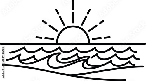 Minimalist line art illustration of a sun rising over wavy ocean waters on a white background