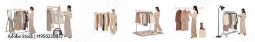 Set of flat minimalist illustrations of a fashion stylist or designer organizing a neutral-toned wardrobe on clothing racks in a studio environment.