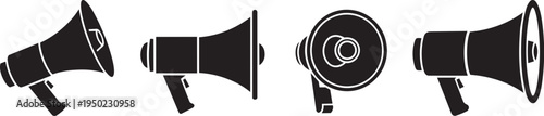 Black silhouette megaphone icons front side back view audio communication vector design
