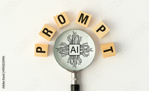 Conceptual image of a computer screen displaying wooden blocks spelling PROMPT and a magnifying glass with an AI circuit chip, symbolizing advanced artificial intelligence engineering.