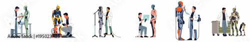 Collection of flat vector illustrations depicting scientists and engineers assembling, testing, and repairing advanced humanoid robots in a futuristic laboratory setting.