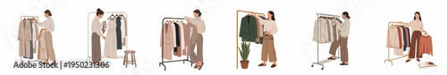 Modern flat vector illustration set of a woman organizing her minimalist wardrobe and selecting outfits from various clothing racks.