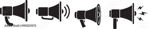Black silhouette megaphone icons front side back view audio communication vector design