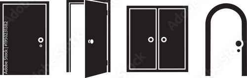 Black silhouette door icons with open closed arched double design vector architecture style