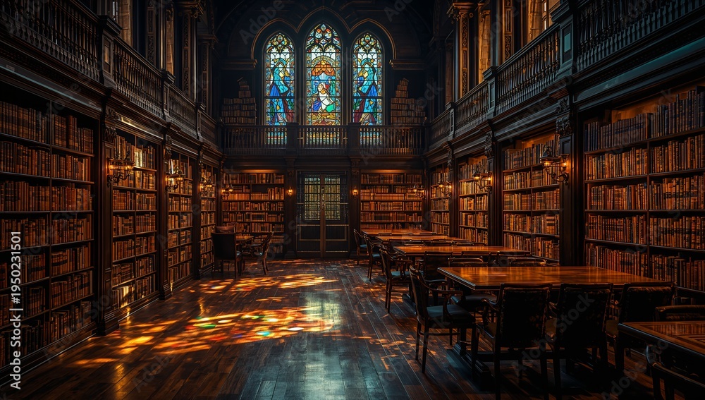 Fototapeta premium Framing central reading hall aisle drawing gaze toward stained-glass windows and double doors