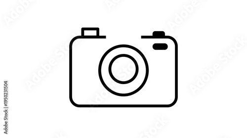 Minimalist black-and-white camera icon with lens, flash, and viewfinder, symbolizing photography and media content.