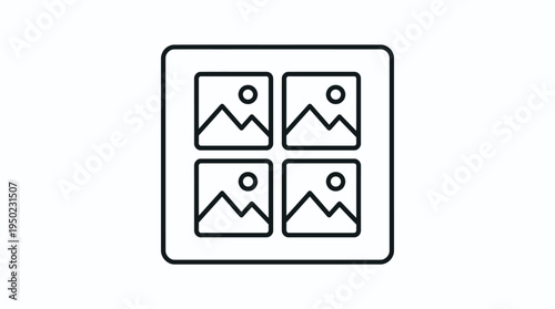 Minimalist black-and-white photo stack icon with landscape image, symbolizing gallery, album, and digital media content.