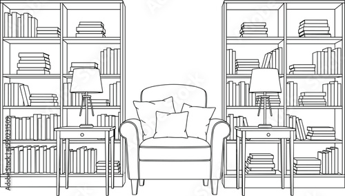 A line of a cozy reading nook with a chair and two end tables flanked by tall bookshelves line black and white