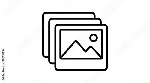 Minimalist black-and-white photo stack icon with landscape image, symbolizing gallery, album, and digital media content.