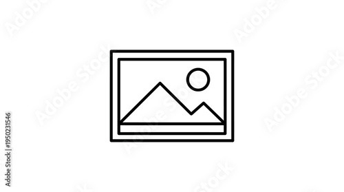 Minimalist black-and-white photo stack icon with landscape image, symbolizing gallery, album, and digital media content.