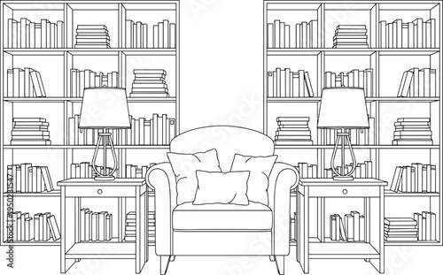 A line of a cozy reading nook with a chair and two end tables surrounded by bookshelves line reading nook