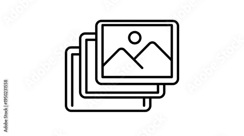 Minimalist black-and-white photo stack icon with landscape image, symbolizing gallery, album, and digital media content.