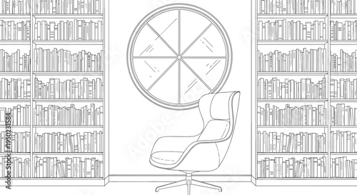 A line of a modern chair in front of bookshelves and a circular window line black and white