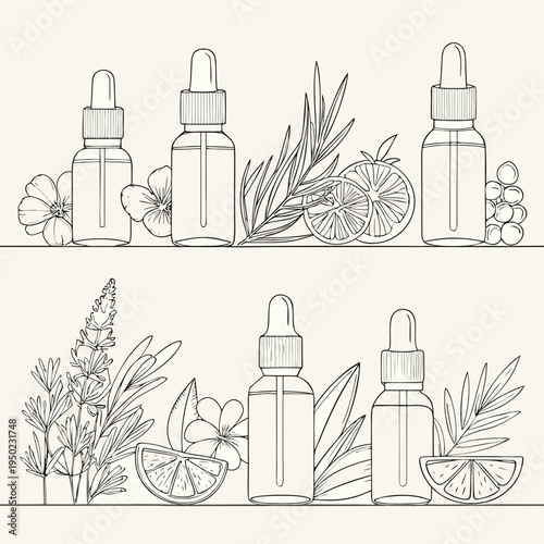 Botanical illustration of essential oil bottles citrus and floral elements