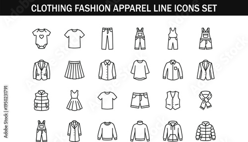 Clothing fashion apparel line icons set with shirts jackets dresses pants skirt hoodie wardrobe outline symbols collection
