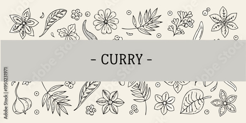 Botanical illustration of curry leaves and flowers with a gray banner