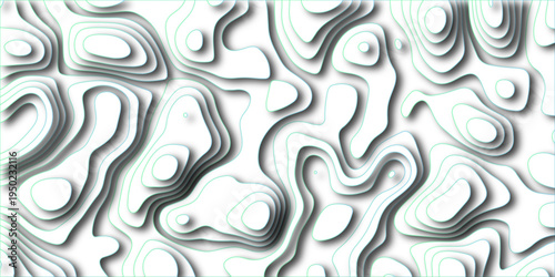 Abstract topographic map contour lines with soft shadows and subtle green and blue gradients on a clean white background creating a sense of depth and organic flow for design elements
