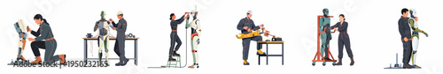 Collection of diverse technicians and engineers assembling, maintaining, and repairing advanced humanoid robots in a futuristic laboratory or factory setting.
