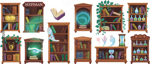 Cartoon style wooden bookshelves with various and books hourglass