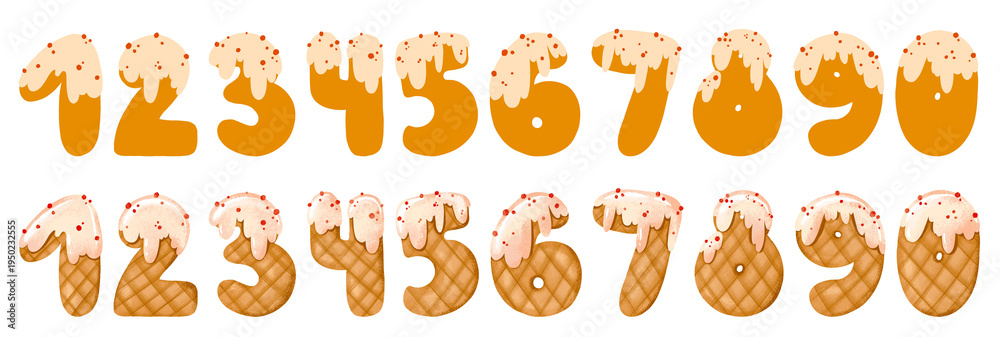 Obraz premium Hand Painted Waffle Numbers 0 to 9 Set in Two Styles with Sweet Icing Perfect for Bakery Branding Birthday Decor Kids Apparel and Party Stationery
