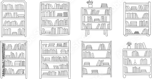 Eight black and white of bookshelves with various book arrangements line library bookcases