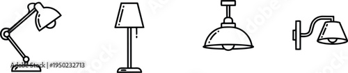Black silhouette lamp icons desk floor wall pendant design vector interior lighting style