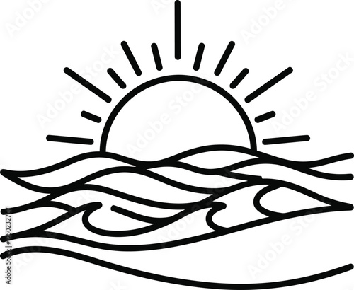 A minimalist black and white line art illustration of a rising sun over the rolling ocean waves
