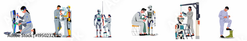 Set of professional engineers and technicians repairing, assembling, and maintaining humanoid robots and cyborg components in a modern technical environment.