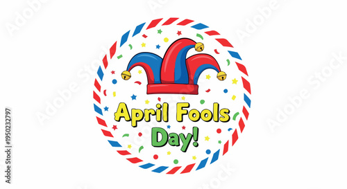 Colorful illustration of April Fools' Day logo with jester hat on white background with confetti