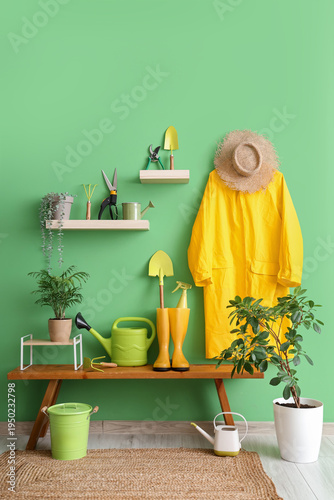 Bench, gardening tools and ...