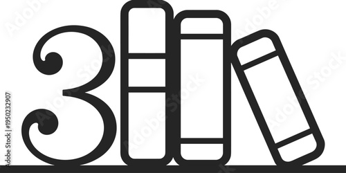 Three books stacked with number three integrated into stacked books black outline white background