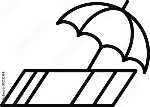 A black and white line art icon depicting a beach umbrella positioned over a striped beach towel