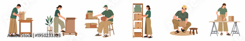 Diverse team of workers packing and organizing cardboard boxes in a warehouse or small business environment, vector illustration set.