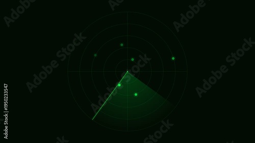 Green radar screen displaying blips and a sector sweep.