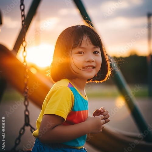 Young female child smiles brightly while backlit by the setting sun at a playground