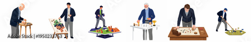 Set of illustrations featuring men of different ages playing tabletop strategy games, wargames, and board games with miniatures and maps.